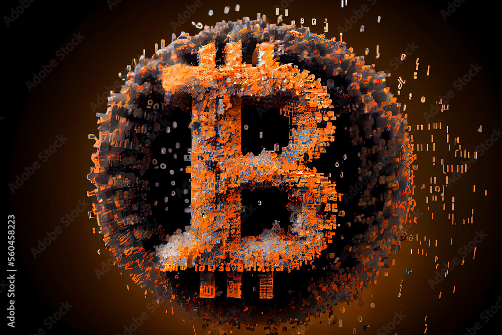 Bitcoin with dispersion effect. Blockchain fail concept Bitcoin with dispersion effect. Blockchain fail concept