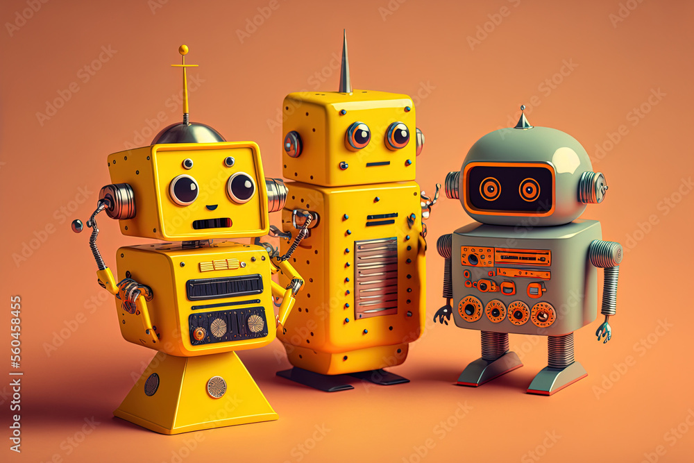 Fototapeta premium Vintage tin robot toys isolated on a yellow background. Generative AI