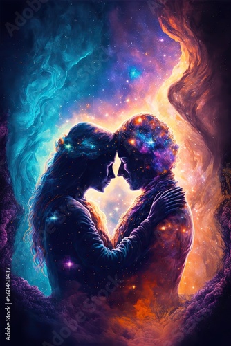 Lover silhouettes. Eternal and cosmic love. Valentine and romantic concept. Fantasy galaxy background. Generative ai.