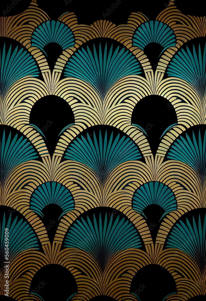 Art deco style wallpaper pattern with gold, turquoise and black. Art deco style wallpaper pattern with gold, turquoise and black.
