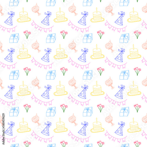 Seamless colorful pattern with birthday party decoration on white background
