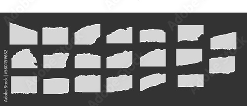 White ripped paper strips collection. Realistic paper scraps with torn edges. Sticky notes, shreds of notebook pages. Vector illustration.