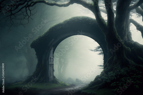 into the deep woods, evocative setting with arch and old trees, moody mist and fog. Generative AI