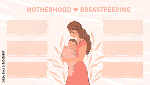 Woman  feeding baby. Tips for breastfeeding mothers. Banner about breastfeeding and motherhood. Infographics, different data, informations in frames about breastfeeding. Vector illustration.
