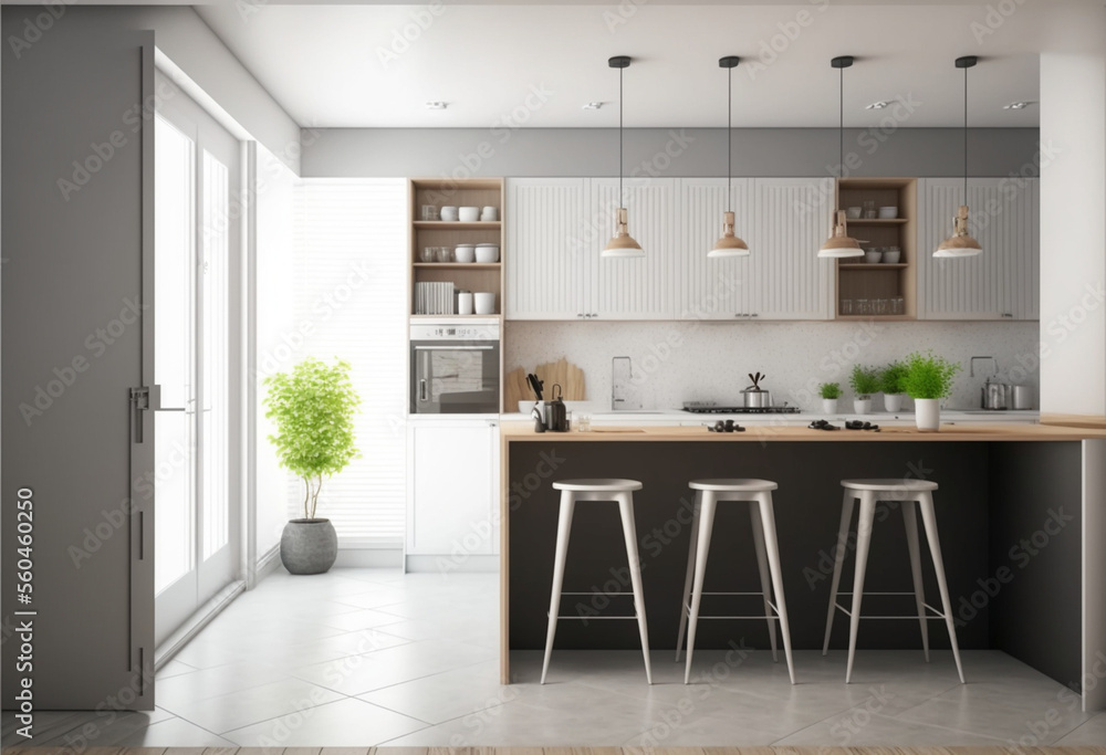 Fototapeta premium Luxury stylish modern large kitchen interior with furniture and kitchen utensils in an apartment home