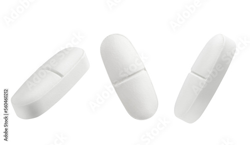 Set of white pills isolated on white or transparent background.
