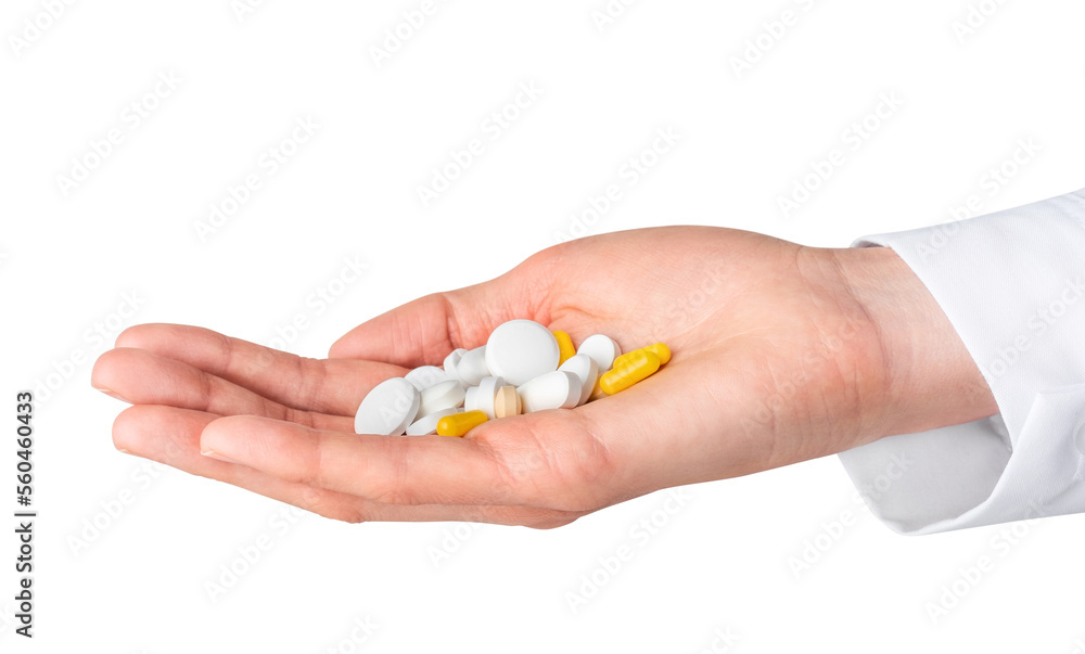 Pharmacist hand holding pills isolated on white or transparent background. Pharmacy, pharmacology, medicine. Pharmacist hand holding pills isolated on white or transparent background. Pharmacy, pharmacology, medicine.