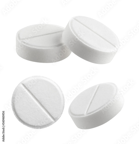 Set of white round pills isolated on white or transparent background.