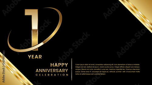 1st Anniversary Celebration. Template design with gold color for anniversary celebration event, invitation, banner, poster, flyer, greeting card. Logo Vector Template Illustration