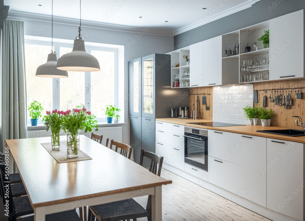 Fototapeta premium Luxury stylish modern large kitchen interior with furniture and kitchen utensils in an apartment home