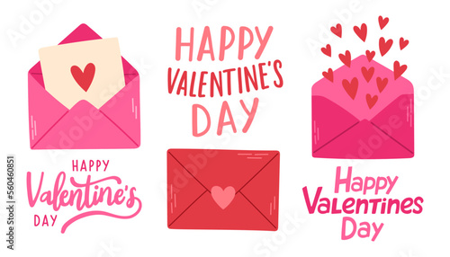 Happy Valentines Day Poster or banner with cute font, sweet hearts isolated. Promotion and shopping template vector