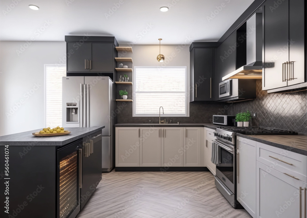 Fototapeta premium Luxury stylish modern large kitchen interior with furniture and kitchen utensils in an apartment home