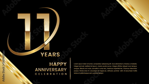 11th Anniversary Celebration. Template design with gold color for anniversary celebration event, invitation, banner, poster, flyer, greeting card. Logo Vector Template Illustration