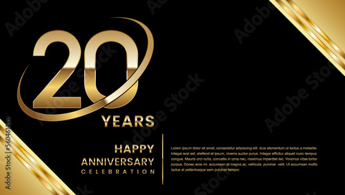 20th Anniversary Celebration. Template design with gold color for anniversary celebration event, invitation, banner, poster, flyer, greeting card. Logo Vector Template Illustration photo