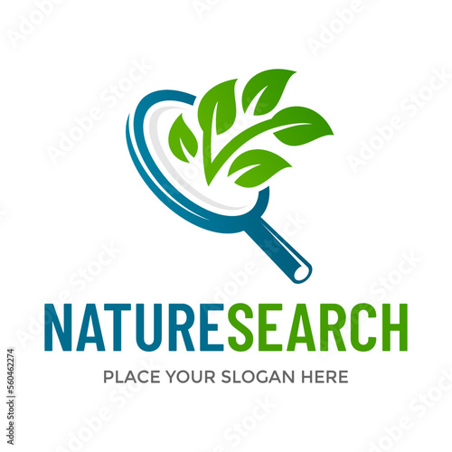 Nature search vector logo template. This design use leaf symbol and magnifying glass. Suitable for finder environment.