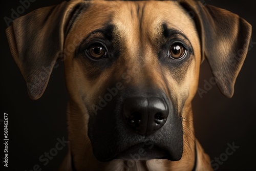 Fényképezés Extreme closeup of a black-and-tan cur dog. Generative AI