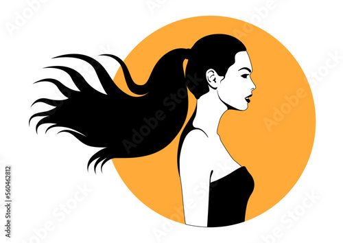 Silhouette of a woman with long hair in a ponytail on a round yellow background. Vector minimalist portrait of a woman.