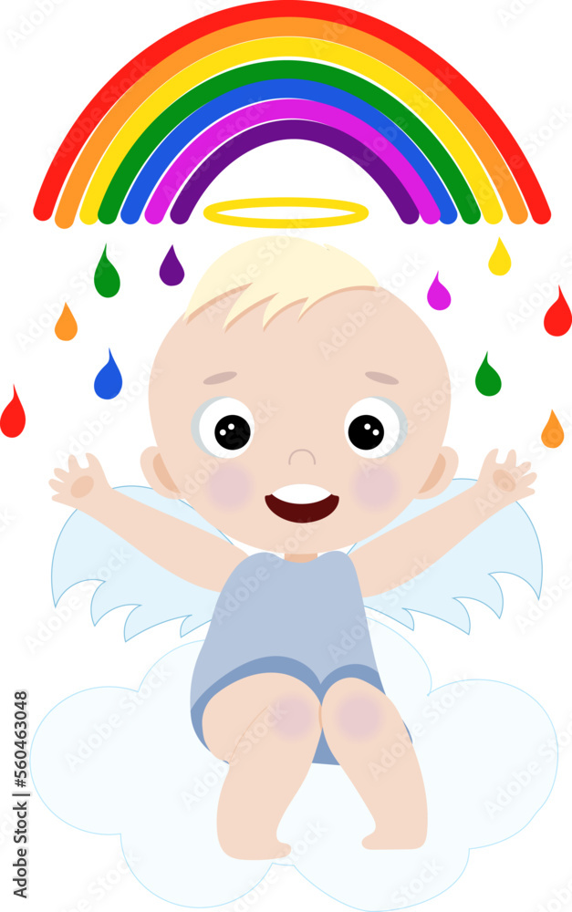 Cute cartoon boy angel on a cloud under a rainbow. Element for print, postcard and poster isolate on white background. Vector illustration
Cute cartoon boy angel on a cloud under a rainbow. Element for print, postcard and poster isolate on white background. Vector illustration