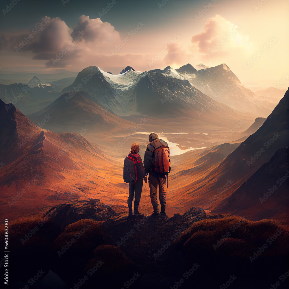 Hiking couple on the top of mountain, Valentine's day. Generative AI