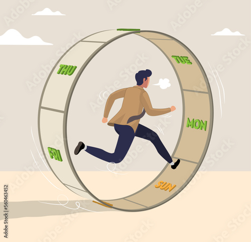 Businessman like rat in a wheel. Office salary man work in loop. Businessman in hurry running in rat race wheel.