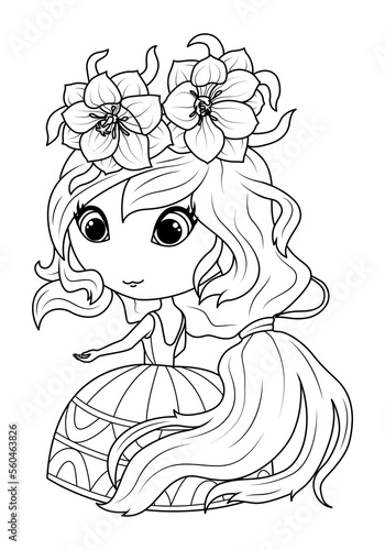 Girl with flowers in her hair. Princess balloon flower. Coloring book for children. Vector illustration 