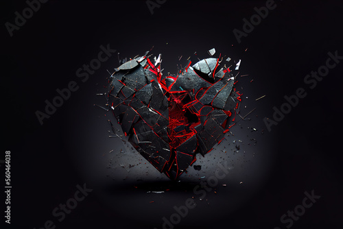 Broken heart on black background, anti-valentine's day. Generative AI