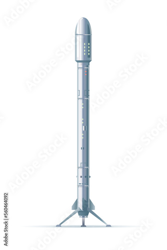 Realistic metallic rocket space ship standing on ground, space transportation technology, quality illustration isolated on white