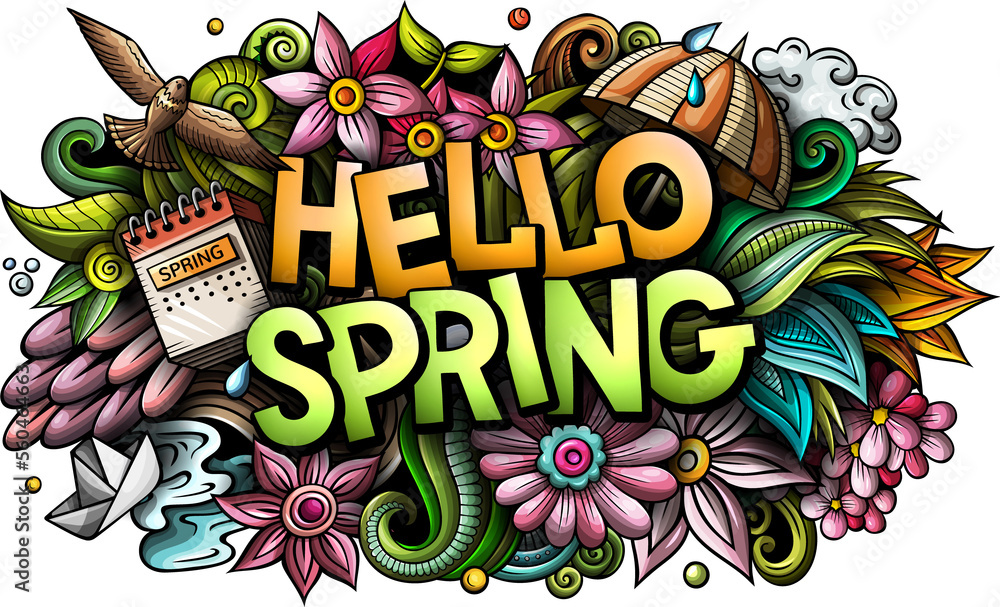 Hello Spring detailed lettering cartoon illustration