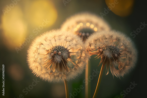 Dandelions in close up against a natural background. Generative AI