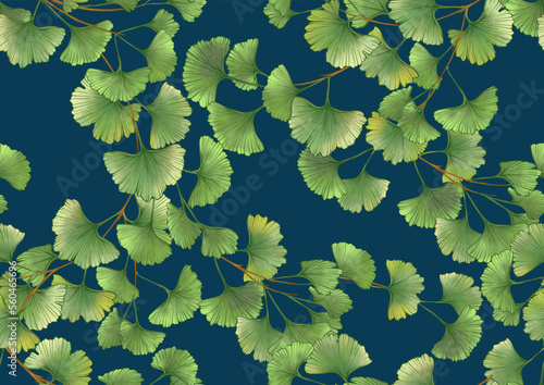 Ginkgo biloba leaves. Seamless pattern, background. Vector illustration. In botanical style