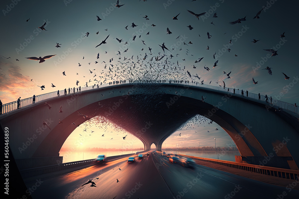 Flock of birds flying near bridge. Generative AI Flock of birds flying near bridge. Generative AI
