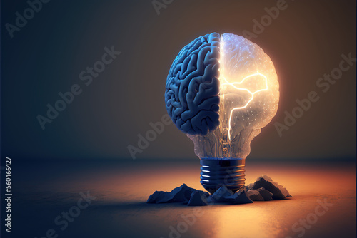 Creative Idea with Brain and Light Bulb Illustration, with Generative AI Technology photo