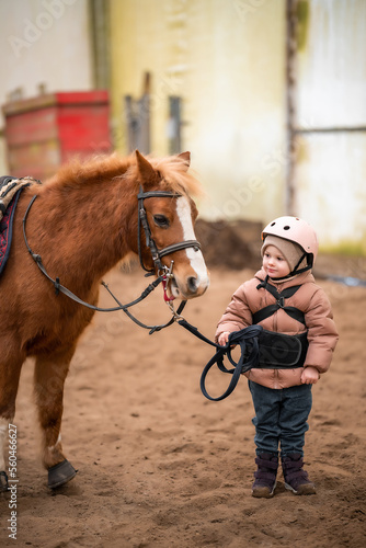 Portrait of little girl in protective jacket and helmet with her brown pony before riding Lesson © dtatiana