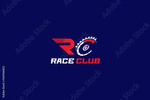 Letter RC for Race Club Logo Template Vector. Speedometer, speed, drive, auto, gear, motor.