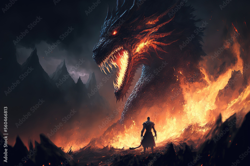 Fire breathes explode from a giant dragon in a black night, the epic battle evil concept art (ai generated) - obrazy, fototapety, plakaty 