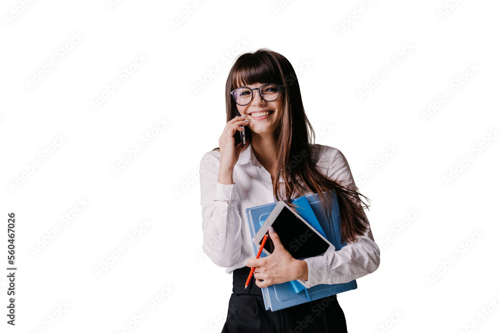 Cheerfull young brunette secretary in white shirt and black pants smiling holding diary tablet pencil talking by phone against transparent background.Pretty student girl happy after exam, smiling. Cheerfull young brunette secretary in white shirt and black pants smiling holding diary tablet pencil talking by phone against transparent background.Pretty student girl happy after exam, smiling.