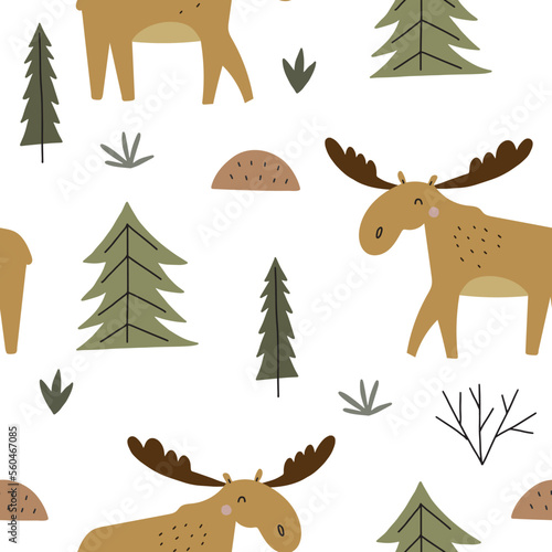 Seamless childish pattern with funny elk head and trees. Creative kids texture for fabric, wrapping, textile, wallpaper, apparel. Vector illustration.