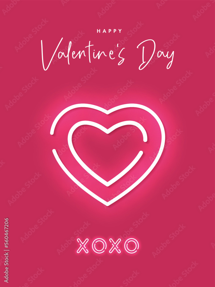 Happy Valentines Day. Modern design with neon lighting heart and text XoXo on pink red background. Vector illustration for greeting card, banner, poster or flyer design, social media and fashion ads