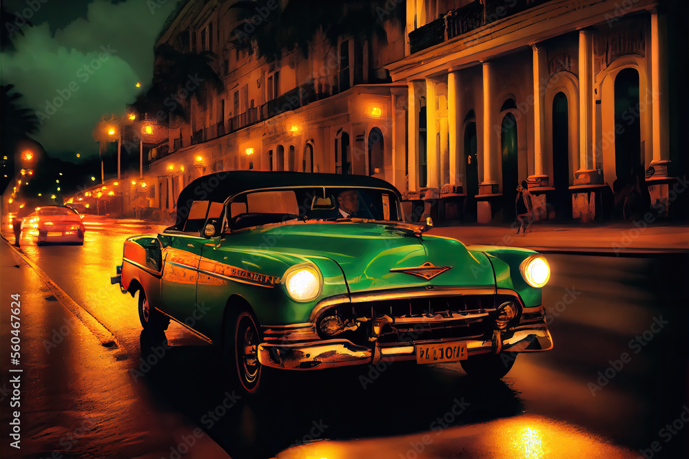 Vibrant illustration of American vintage car driving in Havana, Cuba at night. Colorful exotic retro Havana's streets make a magnigicent magical cityscape.	
