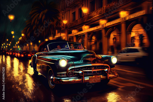 Vibrant illustration of American vintage car driving in Havana, Cuba at night. Colorful exotic retro Havana's streets make a magnigicent magical cityscape.	
 photo