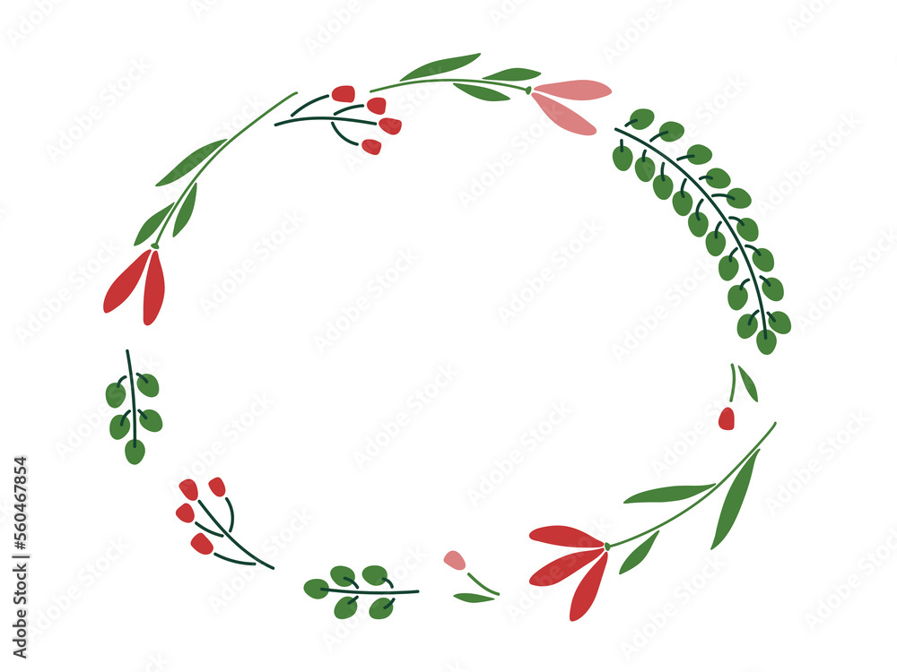 Naklejka premium Flower wreath. Ellipse red green plant frame. Vector flat Illustration. Natural Wreath isolated on white background For save date, inscriptions For birthday, wedding, Valentines day celebrations.