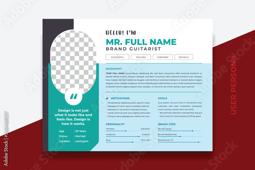 User Persona Document Template Vector Illustration. Examples of User Personas template. Persona Document. Persona Template for UI UX designer. User Persona vector horizontal template with double color