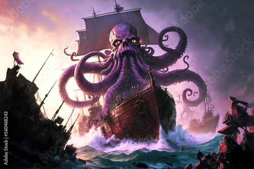 A giant purple octopus kraken monster on a pirate ship in the cean, generative ai photo