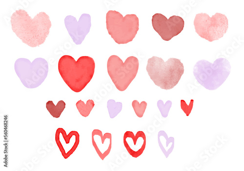 Set of watercolor painted hearts. Handmade painting. Vector illustration.