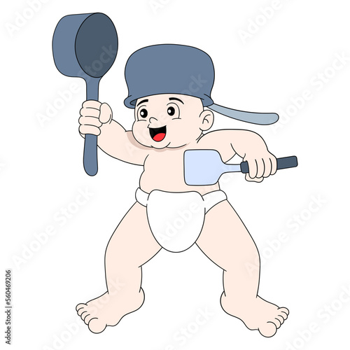 baby boy is fantasizing about being a war soldier wearing a pot hat