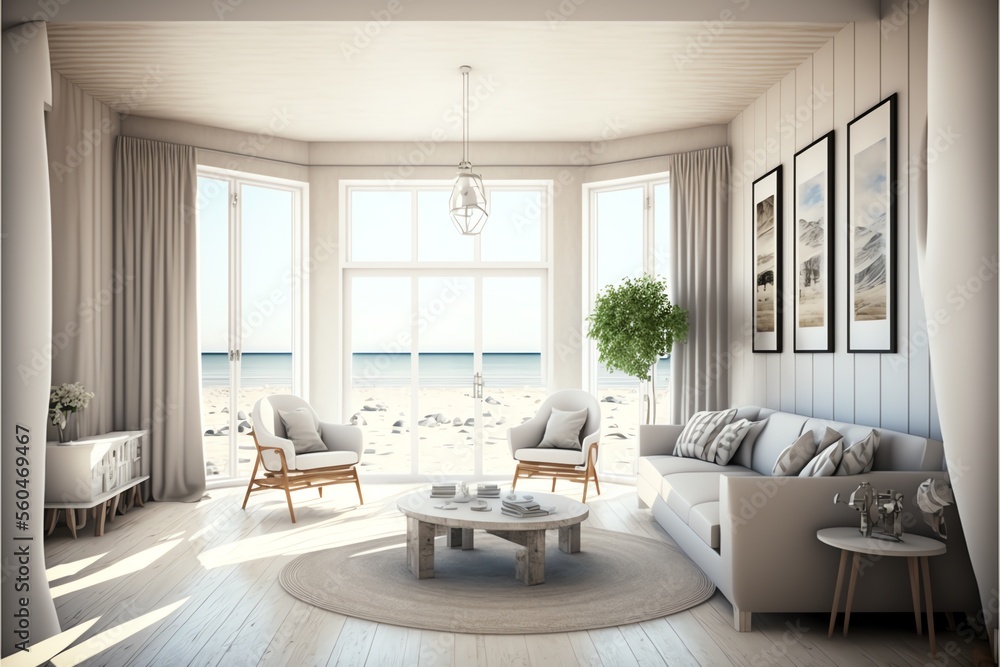 An expansive summer beach house with furniture has a living room with a view of the ocean. inside a vacation home or villa An expansive summer beach house with furniture has a living room with a view of the ocean. inside a vacation home or villa