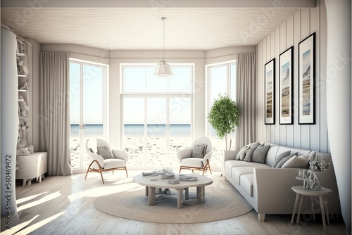 An expansive summer beach house with furniture has a living room with a view of the ocean. inside a vacation home or villa