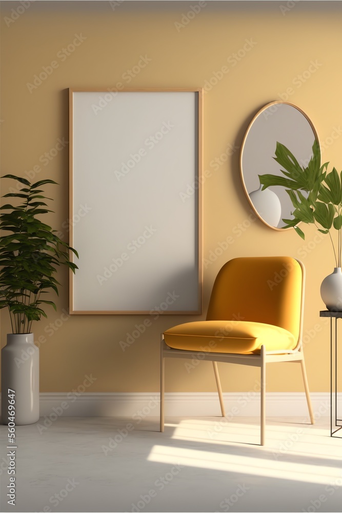 Des teintes de meubles chaleureuses dans une maison moderne minimaliste, une maquette de cadre photo en bois vertical vide sans espace de copie et un intérieur rendu en 3D Des teintes de meubles chaleureuses dans une maison moderne minimaliste, une maquette de cadre photo en bois vertical vide sans espace de copie et un intérieur rendu en 3D
