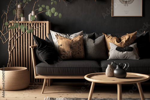Wooden sofa with dark pillows in scandi style living room. Generative AI