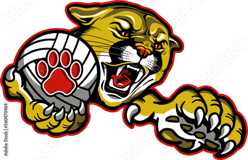 cougar mascot holding volleyball for school, college or league sports